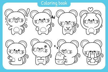 Boyama kitabı. Çocuklar için boyama kitabı. Chool.Sayfa. Çeşitli duygu ve pozlarda sevimli fare. Duygusal.Kemirgen hayvan karakteri çizimi..