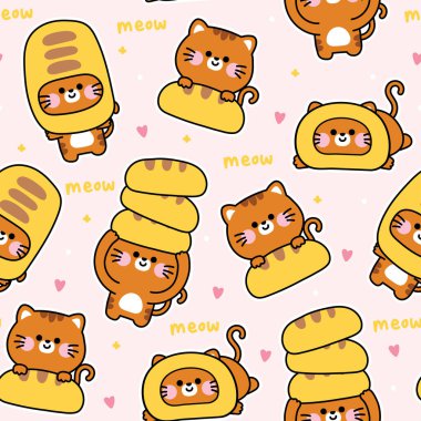 Kalpli sevimli kedinin kusursuz deseni. Fırın eli çizilmiş. Miyav. Hayvan karakteri çizgi film tasarımı. Kart, çıkartma, bebek kıyafetleri için görüntü..