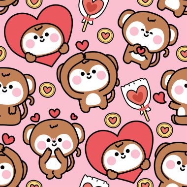 Kurabiyeli, pembe arkaplanlı, sevimli maymun aşk konsepti. Kalp. Vahşi hayvan karakteri çizimleri. Kart, çıkartma, dekorasyon için görüntü.