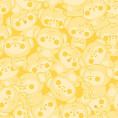 Sevimli maymunun çeşitli duygu çizgilerindeki kusursuz deseni sarı arka plan çizimi. Duygusal.Bnan. Vahşi hayvan karakteri karikatürü. Kawaii.Vector. İllüstrasyon.