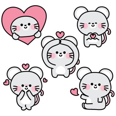 Sevimli fare seti. Kalp. Sevgililer Günü. Fare. Sürüngen hayvan karakteri çizimi. Kart, çıkartma, dekorasyon..