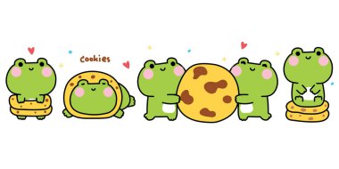 Kurabiyeli şirin kurbağa seti. Pastane ve atıştırmalık el çizimi. Sürüngen hayvan karakteri çizimi. Kart, çıkartma, bebek kıyafetleri..