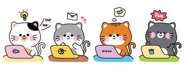 Çeşitli pozisyonlarda dizüstü bilgisayarları olan sevimli kediler. Miyav kedisi. İş, oyun, posta gönder. Evcil hayvan karakterleri çizgi film tasarımları..