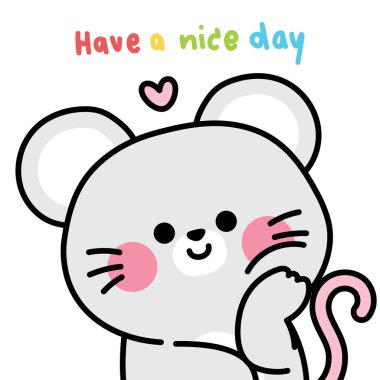 Şirin fare ayağı çeneli, güzel bir gün mesajı. Selamlar. Kemirgen hayvan karakteri çizgi film tasarımı. Kart, kapak kitabı, kırtasiye malzemeleri, baskı ekranı, bebek üretimi..