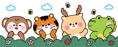 Ormanın arka planında arı ve çiçekle karşılayan sevimli hayvanlar. Maymun, kaplan, geyik, timsah eli çizilmiş. Hayvan karikatürü.