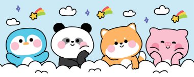 Gökyüzünde bulut ve yıldız gökkuşağıyla selamlayan sevimli hayvanlar. Penguen, panda, shiba inu dog, domuz eli çizimi. Hayvan karikatürü..