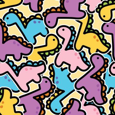 Şirin dinozorların kusursuz kalıpları arka planda. Jurassic. Vahşi hayvan karakteri çizimi. Baskı ekranı, bebek kıyafetleri, duruş yeri.. 