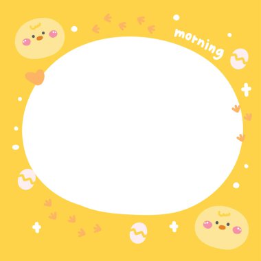 Kağıt üzerinde şirin bir tavuk surat. Şablon. Yumurta, tavuk ayak izi, kalp çizimi. Kuş çiftliği hayvan karakteri çizgi filmi tasarımı..