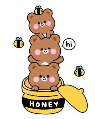 Tatlı ayı selamı ve büyük bal kavanozunda kal. Teddy. Vahşi hayvan karakteri çizimi. Kart, çıkartma, bebek kıyafetleri..