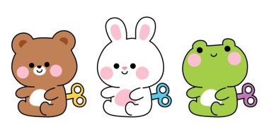 Oyuncak, vahşi, kemirgen, sürüngen hayvanlar el çizimi. Oyuncak ayı, tavşan tavşan, kurbağa, karikatür karakteri. Bebek kıyafetleri, çıkartma, süsleme. Kawaii.Vector.