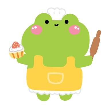 Şirin kurbağa çilekli kek ve merdane. Pasta. Tatlı ve tatlı. Sürüngen hayvan karakteri çizimi.. 