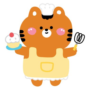 Şirin kaplan vişneli kek ve yumurta çırpısı. Yemek pişirme. Tatlı ve tatlı. Vahşi hayvan karakteri çizgi film tasarımı.. 