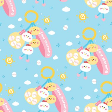 Tatlı tavuk ve tavuk suratlı anahtarlığın kusursuz deseni. Boncuk mavisi arka planda. Günaydın ders. Yumurtalar, güneş, bulutlar. Çiftlik kuşu hayvan çizgi filmi..