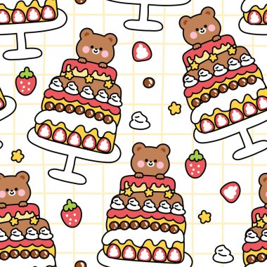 Tatlı ayıcığın kusursuz deseni büyük pasta arka planında kalır. Mutlu yıllar. Kutlama partisi. Çikolata, tramvay, yıldız. Vahşi hayvan karakteri çizgi film tasarımları..