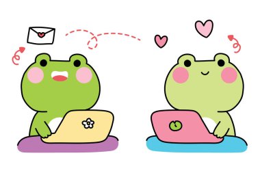 Dizüstü bilgisayarlı şirin kurbağalar aşk e-postası yolluyor. İş. Sosyal medya. Ev işi. Çiçek. Nilüfer yaprağı..