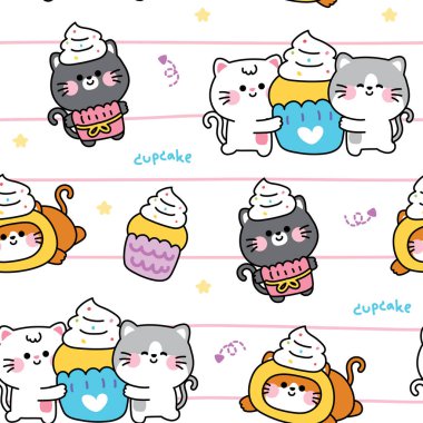 Seamless pattern of cute cat meow with cupcake star background.Bakery and sweet hand drawn.Pet animal character cartoon design.Image for card,sticker,baby clothing.Kawaii.Vector.Illustration. clipart