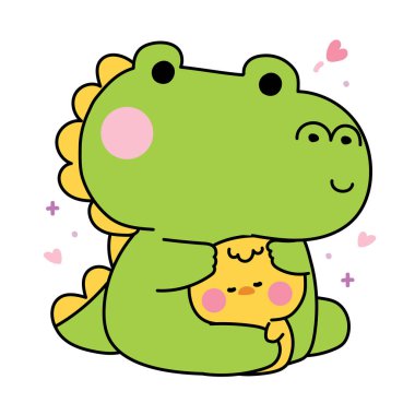 Şirin timsah bebek minik tavuğa yürekten sarılıyor. Sürüngen ve Çiftlik Kuşu karakteri çizgi film tasarımları. Etiket, bebek kıyafetleri, istasyon..