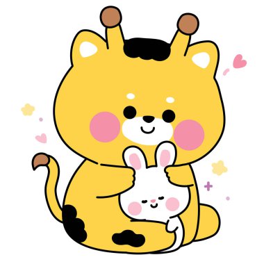 Şirin zürafa bebek minik tavşan tavşancığına yürekten ve yıldızla sarılıyor. Kemirgen ve vahşi hayvan karakteri çizgi film tasarımları. Etiket, bebek kıyafetleri, istasyon..