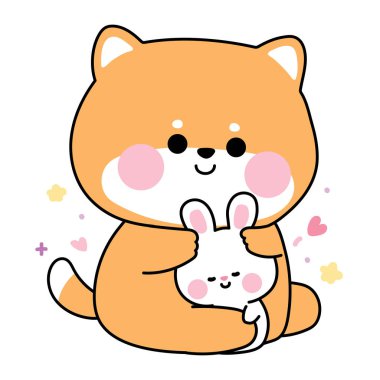 Şirin Shiba inu köpek yavrusu minik tavşan tavşancığına yüreği ve yıldızı ile sarılıyor. Kemirgen ve Japon hayvan karakteri çizgi film tasarımı. Etiket, bebek kıyafetleri, durak. Kawai Vector. Görüntü:.