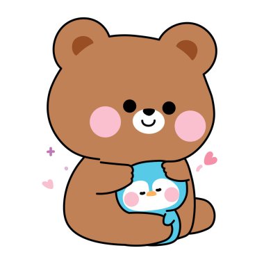 Sevimli oyuncak bebek minik penguene yüreğiyle sarılıyor. Kutup kuşu ve vahşi hayvan karakteri çizimi. Etiket, bebek kıyafetleri, istasyon için görüntü..