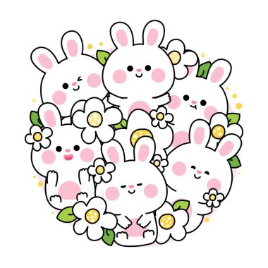 Şirin tavşanlar çeşitli pozlarda daire şeklinde dururlar. Çiçek ve yaprakla. Çiçek. Doğal. Kemirgen hayvan karakteri çizimi..