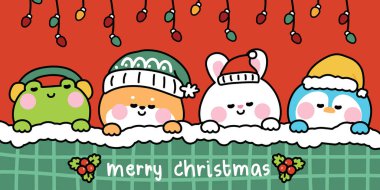 Mutlu Noeller. Mutlu yıllar. Kış. Battaniyeyle uyuyan sevimli hayvanların kışı. Kurbağa, shiba inu dog, tavşan, penguen..