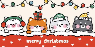 Mutlu Noeller. Mutlu yıllar. Kış, battaniyeyle uyuyan sevimli kedilerle dolu. Hayvan karakteri çizgi filmi..