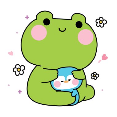 Şirin kurbağa bebek minik pengueni çiçekle kucaklıyor. Sürüngen ve kutup kuşu karakteri çizgi film tasarımları. Etiket, bebek kıyafetleri, istasyon..