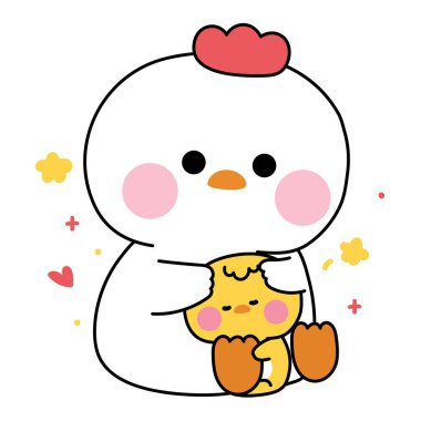 Sevimli tavuk yavrusu minik tavuğa yürekten ve yıldızla sarılıyor. Çiftlik kuşu karakteri çizgi film tasarımı. Etiket, bebek kıyafeti, istasyon için görüntü..