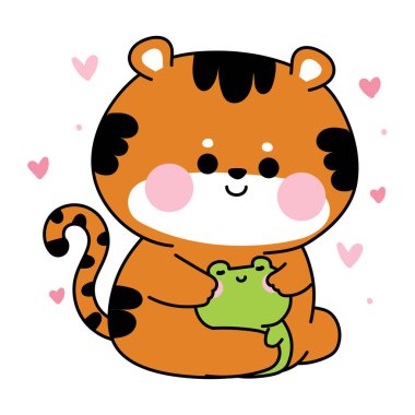 Şirin kaplan bebeği küçük kurbağayı yüreğiyle kucaklıyor. Sürüngen ve vahşi hayvan karakteri çizgi film tasarımları. Etiket, bebek kıyafetleri, istasyon..