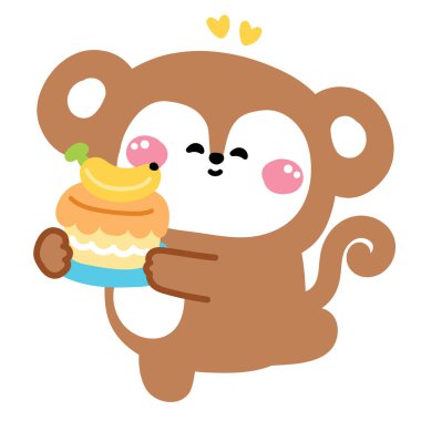 Şirin maymun muzlu pasta. Kalp. Fırın. Tatlı ve tatlı. Doğum günü pastası. Vahşi hayvan karakteri çizgi film tasarımı.. 