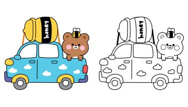 Boyama kitabı. Çocuklar için boyama kitabı. Çağrı cihazı. Sevimli oyuncak ayı, bal kavanozu ve arı dolu kamyonet vagonunda kalıyor..