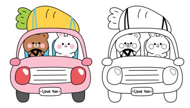 Şirin ayıcık ve tavşan arabası büyük havuç taşır. Trafiği, trafiği, hayvan karakteri çizgi film tasarımlarını. Kart, poster, bebek kıyafetleri için görüntü.