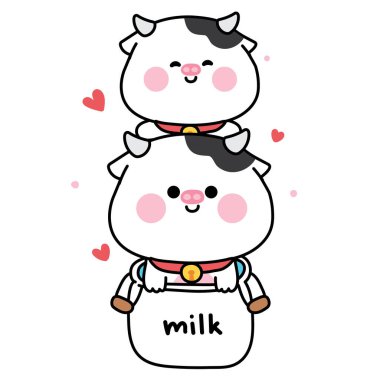 Şirin inek kalbi ile süt şişesinde kalır. Çiftlik hayvanı karakteri çizgi film tasarımı. Kart, çıkartma, bebek kıyafetleri için görüntü..