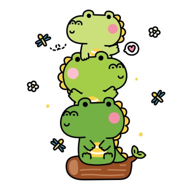 Şirin timsah, yusufçuk ve çiçeklerle tahta kütüğün üzerinde kal. Sürüngen hayvan karakteri çizimi. Kart, çıkartma, bebek kıyafetleri..