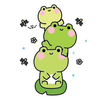 Şirin kurbağa, yusufçuk ve çiçekli nilüfer yaprağında kalır. Sürüngen hayvan karakteri çizimi. Kart, çıkartma, bebek kıyafetleri..