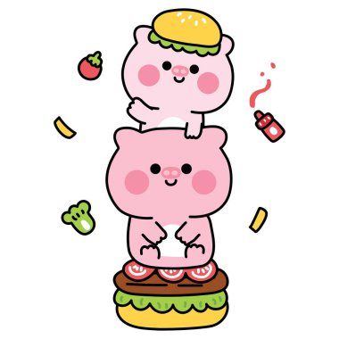 Tatlı domuz hamburgerin üzerine oturur. Fast food. Domates, patates kızartması, ketçap, sebze. Çiftlik hayvanı karakteri çizgi filmi tasarımı..