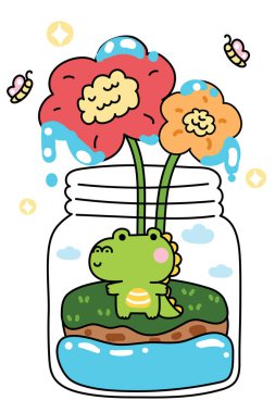 Şirin timsah adada büyük çiçekli cam kavanozda kalır. Kelebek. Su. Toprak. Çiçek. Sürüngen hayvan karakteri çizimi..