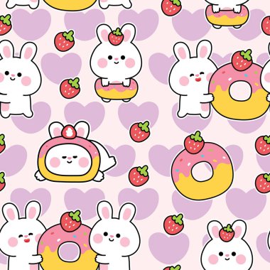 Çilek kalpli sevimli tavşan tavşanın kusursuz deseni. Fırın ve tatlı el çizimi. Kart, etiket, kırtasiye, bebek kıyafetleri için kemirgen hayvan karakteri tasarımı..