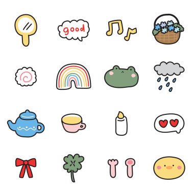 Tatlı ikon çeşitleri. Çizgi film el çizimi. Kurbağa. Tavuk. Hayvan, doğa, içki..