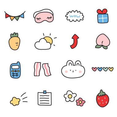 Şirin ikon çeşitleri. Çizgi film el çizimi. Tavşan. Hayvan, doğa, meyve..