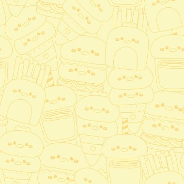 Gıda konseptinde kusursuz şekilli tavuk ve tavuk surat çizgisi. Fast food. Hamburger, taze kızarmış dondurma, içecek. Çiftlik kuşu hayvan karakteri çizgi filmi. Kawaii.Vector.