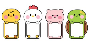 2 numara. Sevimli hayvan barınağı çerçeveleri. Mesaj kutusu mesaj ve bebek fotoğrafı için boş. Tavuk, tavuk, tavuk, domuz, kaplumbağa..