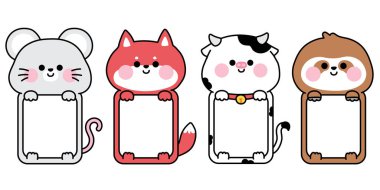 5 numara. Sevimli hayvan barınağı çerçeveleri. Mesaj kutusu mesaj ve bebek fotoğrafı için boş. Fare, tilki, inek, tembel..