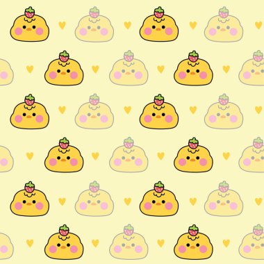 Çilek ve kalp geçmişi olan kusursuz tavuk suratı deseni. Gölge. Kuş çiftliği hayvan karakteri çizgi filmi tasarımı..