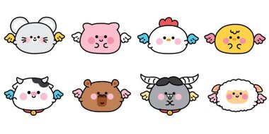 3 numaralı sevimli yuvarlak hayvanların kanatları vardır. Fare, domuz, tavuk, koyun. Beyaz arka planda hayvanlar uçar. Çizgi film karakteri..