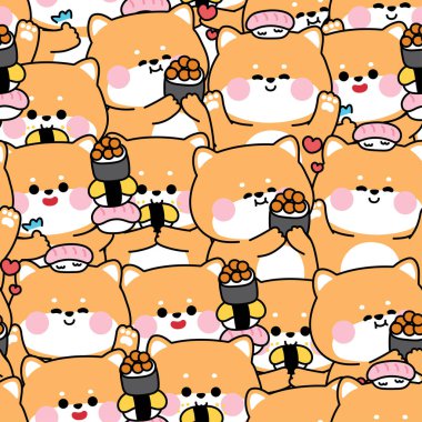 Tekrarlıyorum. Suşili şirin shiba inu köpeğinin kusursuzluğu çeşitli pozlardaki Japon yemeğidir. Hayvan çizgi filmi. Kart, çıkartma, bebek kıyafeti, baskı ekranı için görüntü..