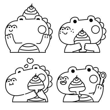 Boyama kitabı. Çeşitli pozlarda kirazlı tatlı timsah pastası. Tatlı ve tatlı. Sürüngen hayvan karakteri çizgi filmi. Çocuklar için resim kitabı..