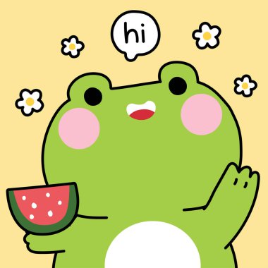 Karpuz meyveli şirin kurbağa merhaba mesajı. Çiçek. Sürüngen hayvan karakteri karikatürü. Kart, çıkartma, bebek kıyafetleri, baskı ekranı..