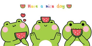 Çeşitli şekillerde karpuz meyveli şirin kurbağa seti. Sürüngen hayvan karakteri karikatürü. Kart, çıkartma, bebek kıyafeti, baskı ekranı..